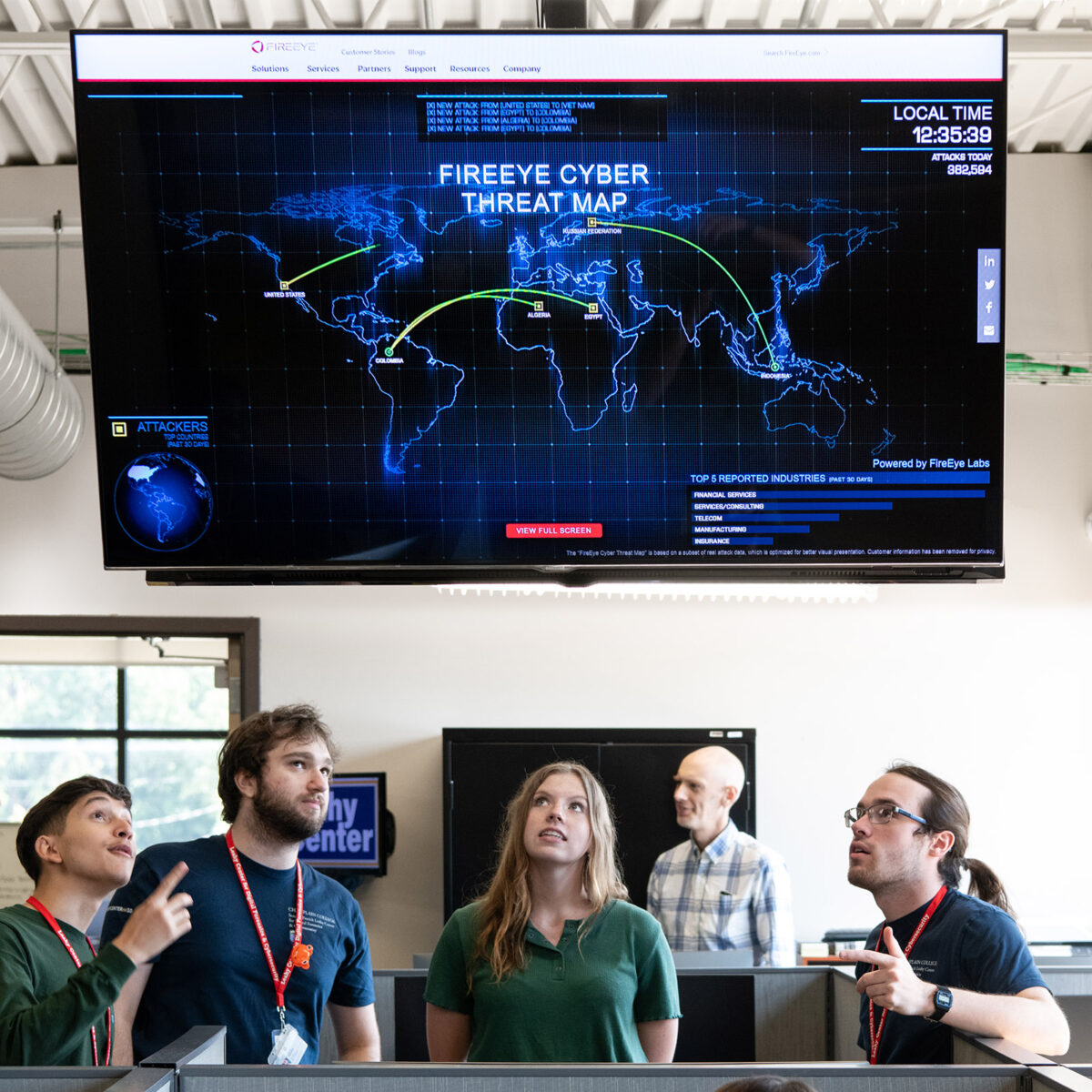 Leahy students view a large screen monitor with FireEye Cybe Threat Map